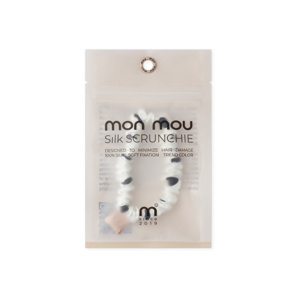 Тонка резинка для волосся біла в чорний горох  - MON MOU Silk Slim Scrunchie Black Point фото 2